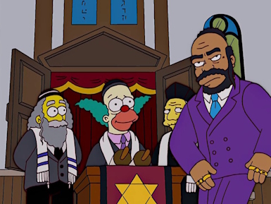 Mr T on bima during Krusty's Bar Mitzvah ceremony